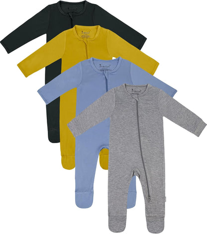 Jimonda Baby Boy Romper 4-Pack - Bamboo Zip-Up Pajamas for 0-24 Months,Unisex Footed