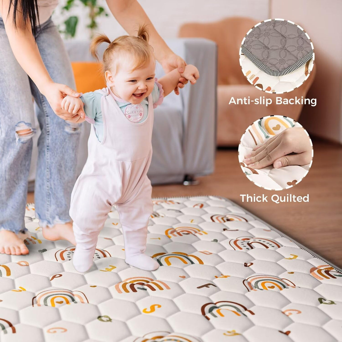 Boho Rainbow Baby Play Mat 71" X 59" Playpen Mat Thicken One-Piece Crawling Mat Non-Slip Cushioned