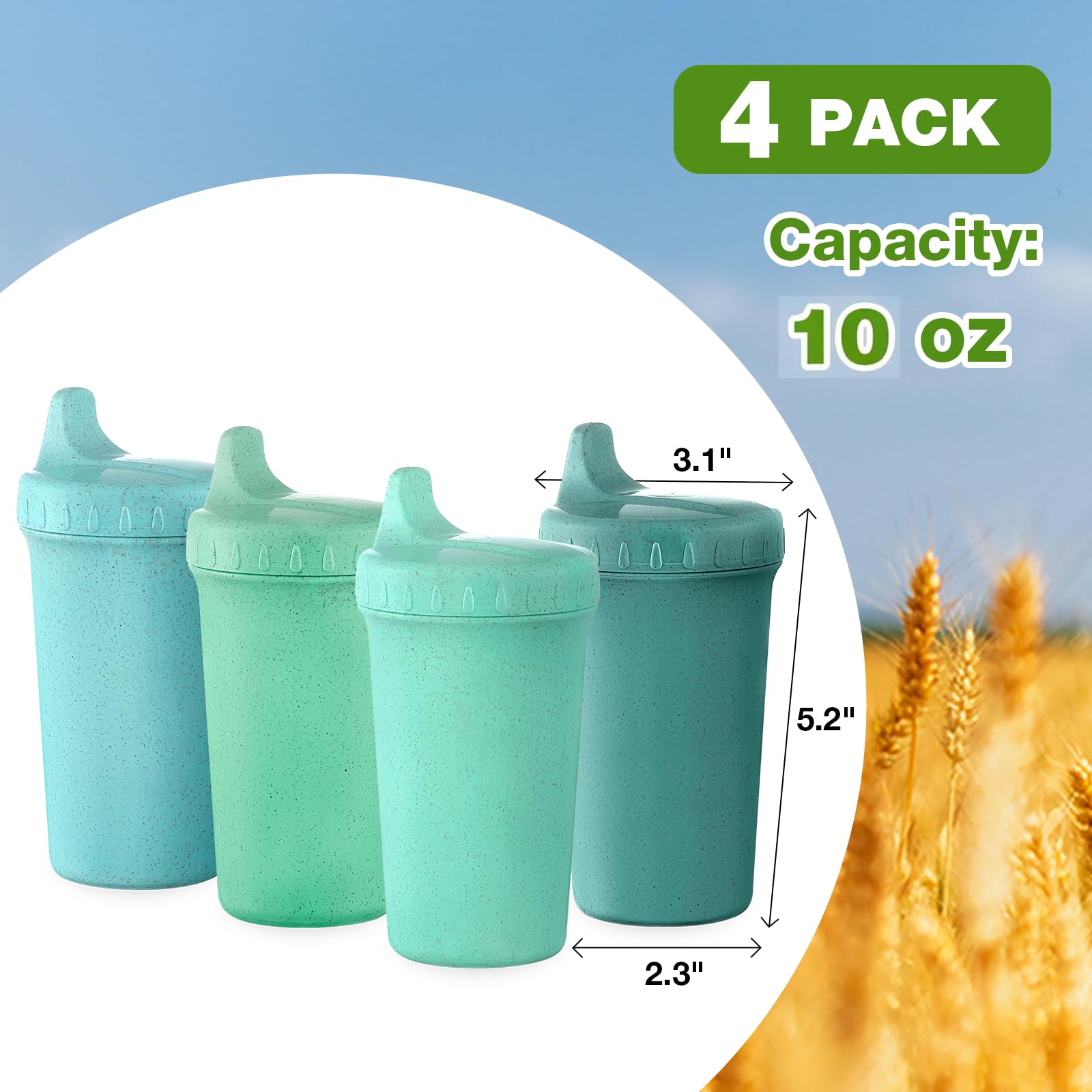 Meolibour® 4 Packs Wheat Straw Sippy Cups for Toddlers Kids, Reusable Plastic Spill Proof Cups for