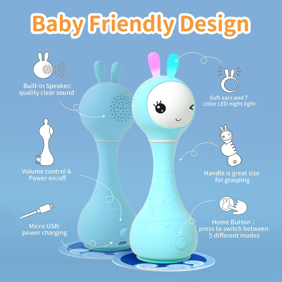 alilo Smarty Bunny Baby Rattle Musical Light Up Toys, Infants Newborns Baby Toys 0-3-6-12-18-24
