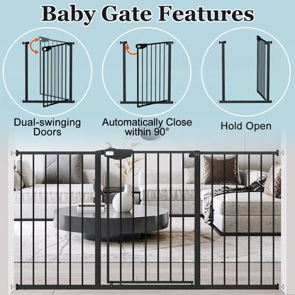 WAOWAO Triple Lock 49.21-66.54" Baby Gate Extra Wide Pressure Mounted Walk Through Swing Auto Close