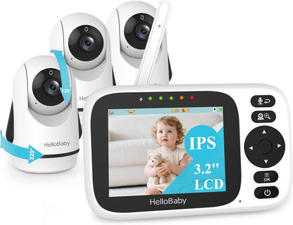 HelloBaby 3.2'' Baby Monitor 3 Cameras, Video Audio Baby Monitor No WiFi, Remote Pan-Tilt-Zoom
