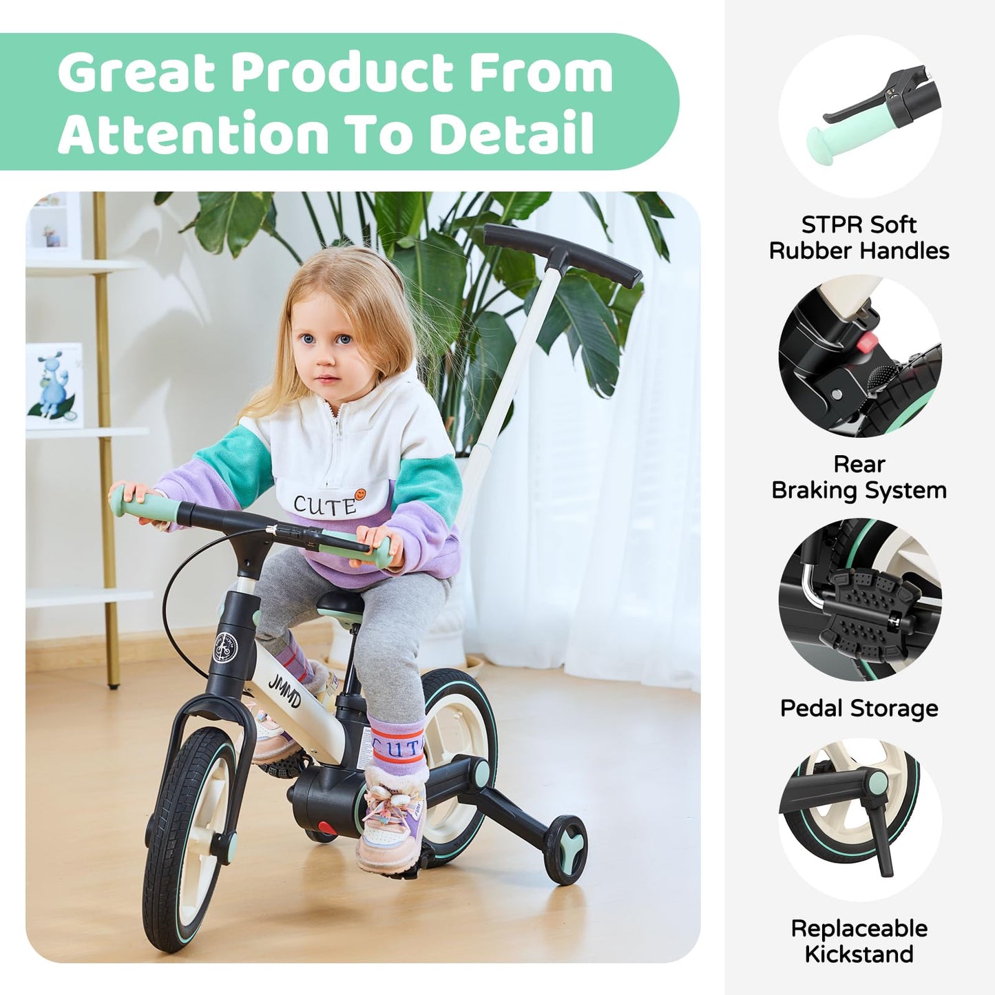 JMMD 6 in 1 Toddler Bike with Push Handle for Kids 18-60 Months, 12" Foldable Balance Bike with