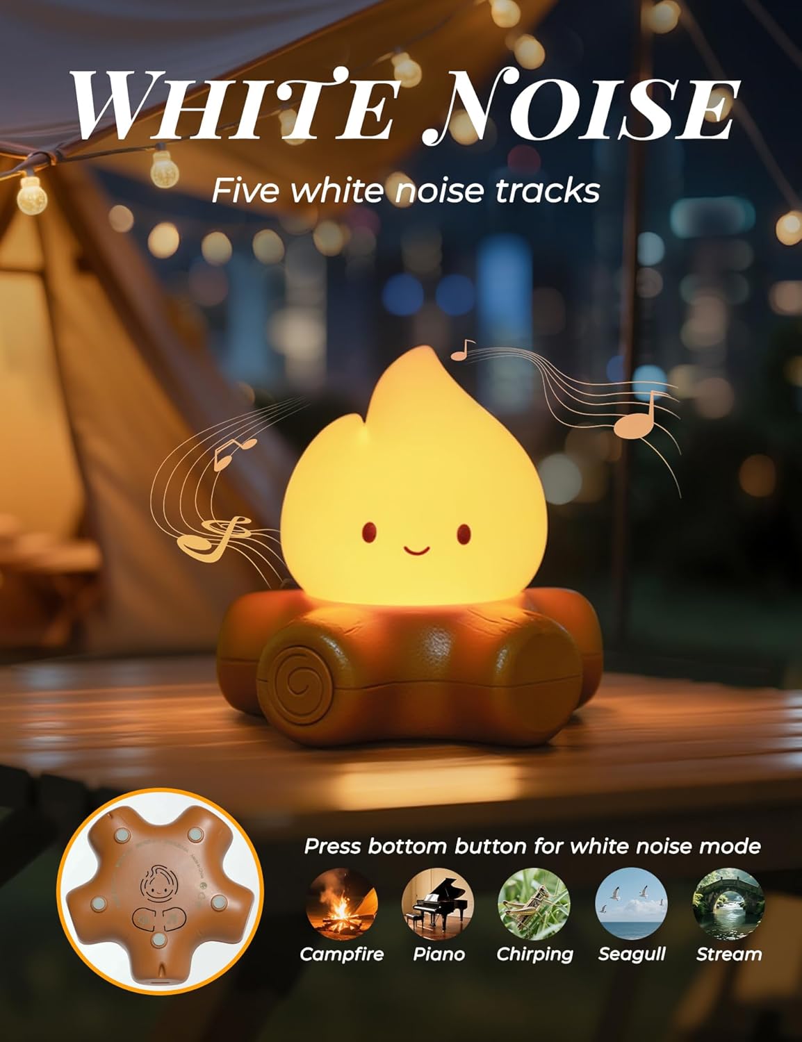 Cozy Campfire Nightlight with Soothing Nature Sounds, White Noise Night Light for Baby Adult