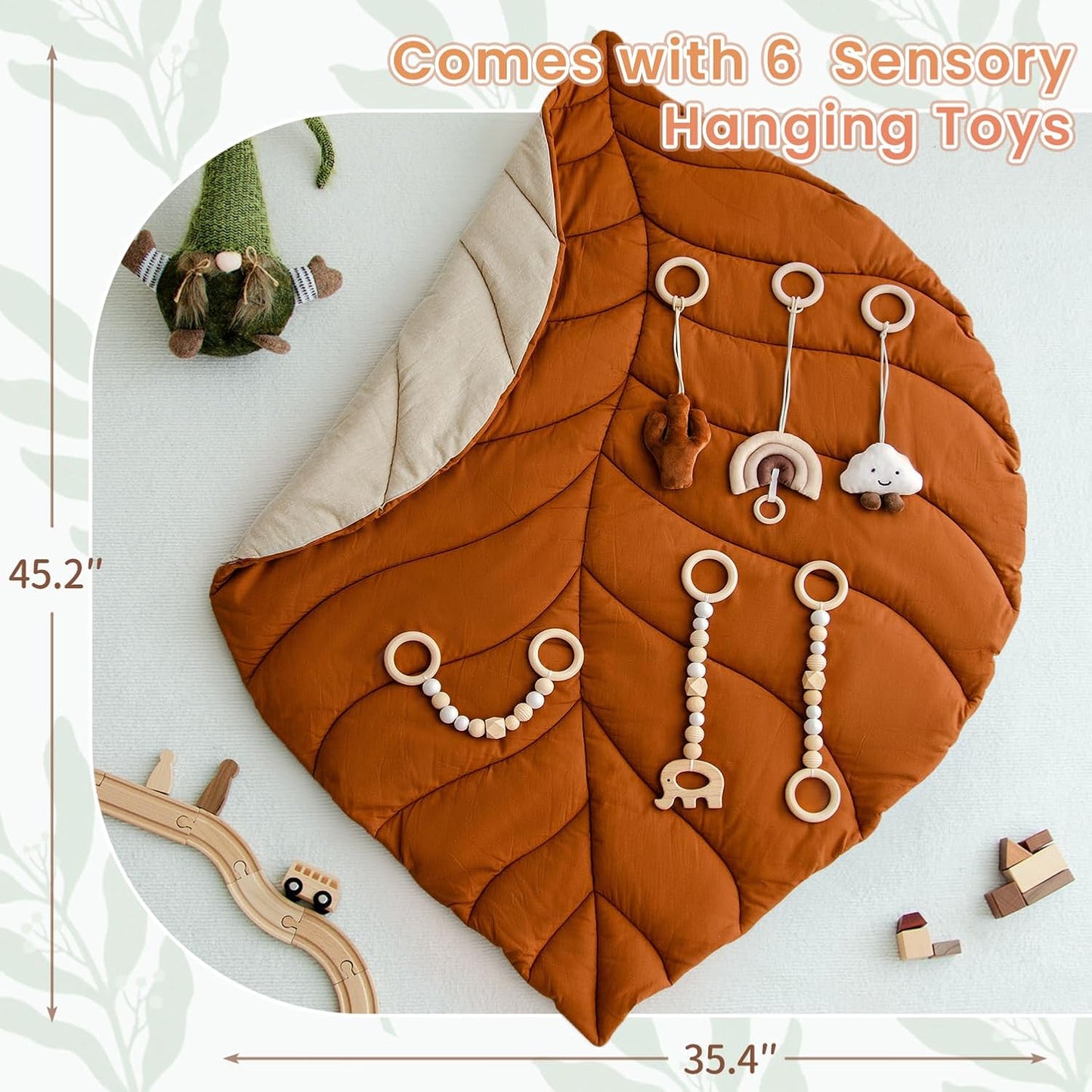 Razee Wooden Baby Play Gym Activity Mat, Leaf Shaped Play Mat Baby Gym with 6 Hanging Sensory Toys