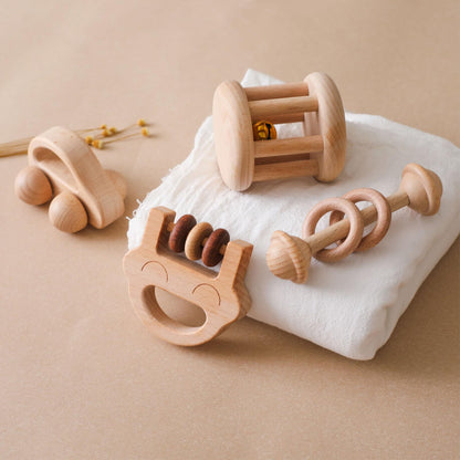 Chriswell Wooden Baby Rattle Set, Newborn Wooden Rattle Toy, Natural Wooden Montessori Baby Grip