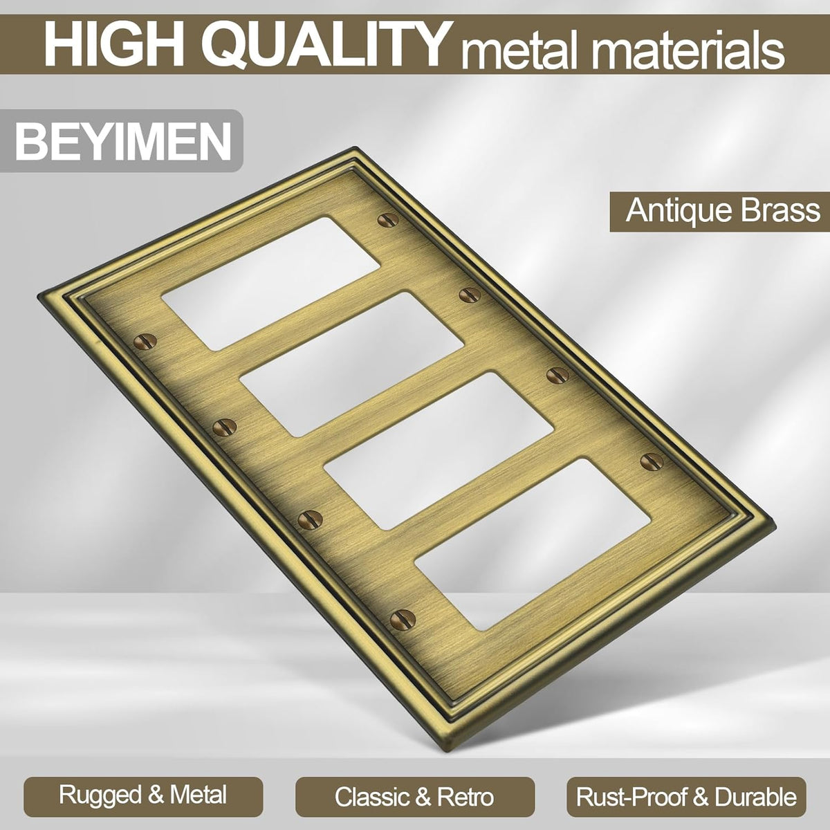 2 Pack Quad Decorator Switch Covers Wall Plate, Antique Brass Metal Material Rocker Switch Plates