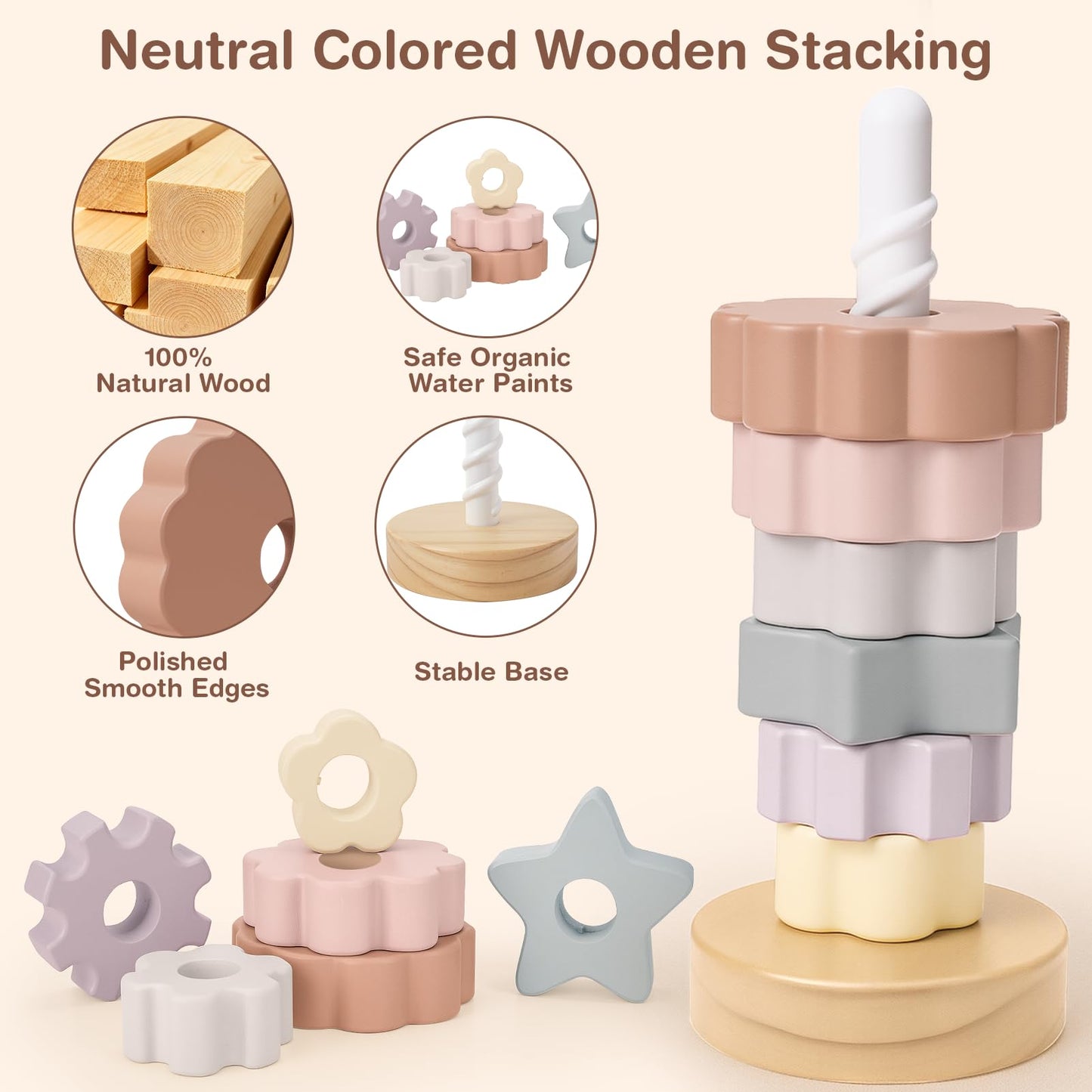 Joyreal Wooden Spinning Stacking Toys, Neutral Ring Stacker Montessori Toys for Toddlers 1-3