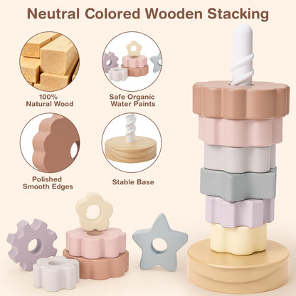 Joyreal Wooden Spinning Stacking Toys, Neutral Ring Stacker Montessori Toys for Toddlers 1-3