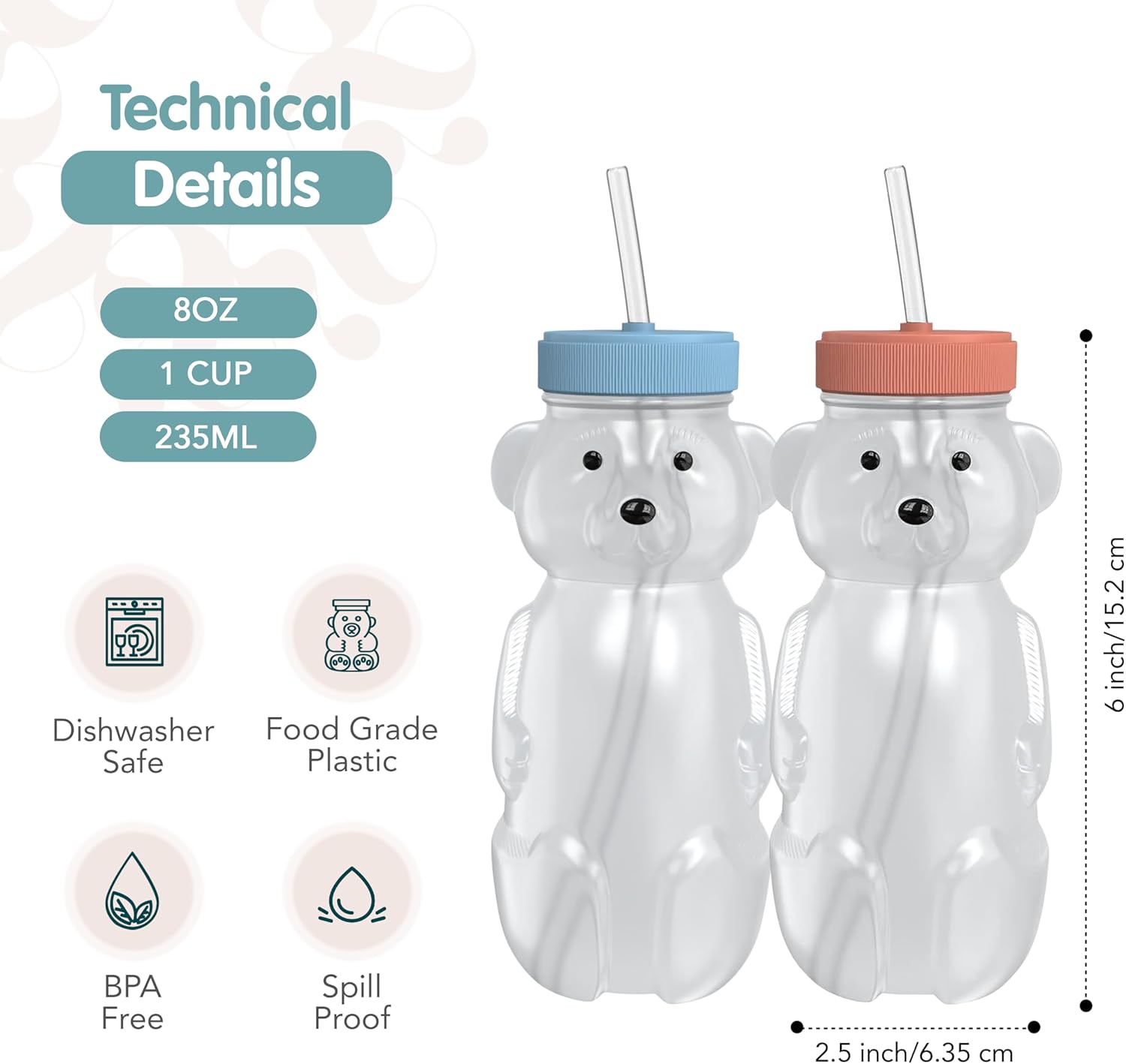 Honey Bear Straw Cup for Babies, 2-Pack Honey Bear Bottle with Travel Lid, Therapy Learning