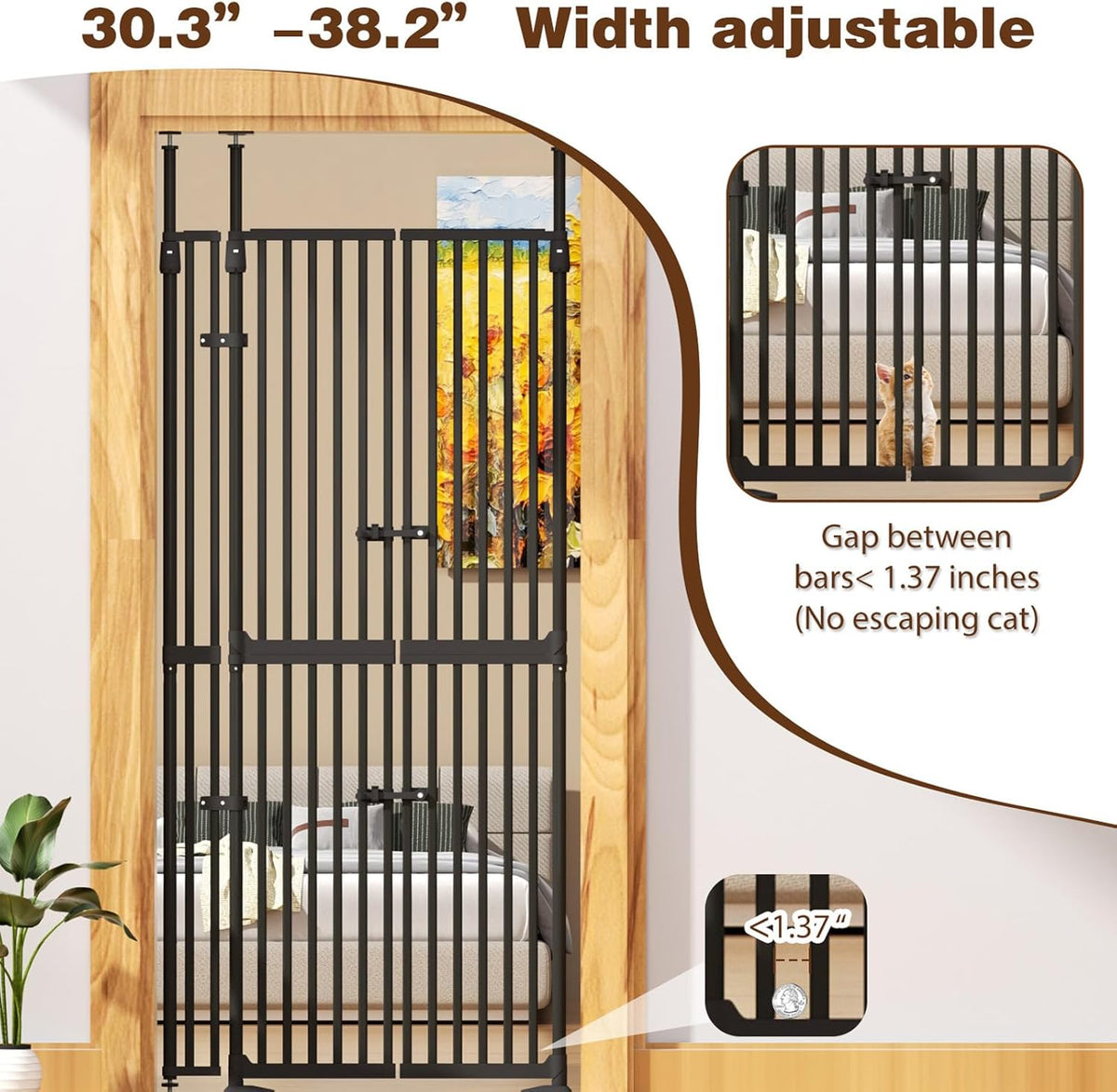 Glaf 74" Extra Tall Cat Gat, 30.31-38.19" Wide Adjustable Cat Door Pressure Mounted Pet Gate with