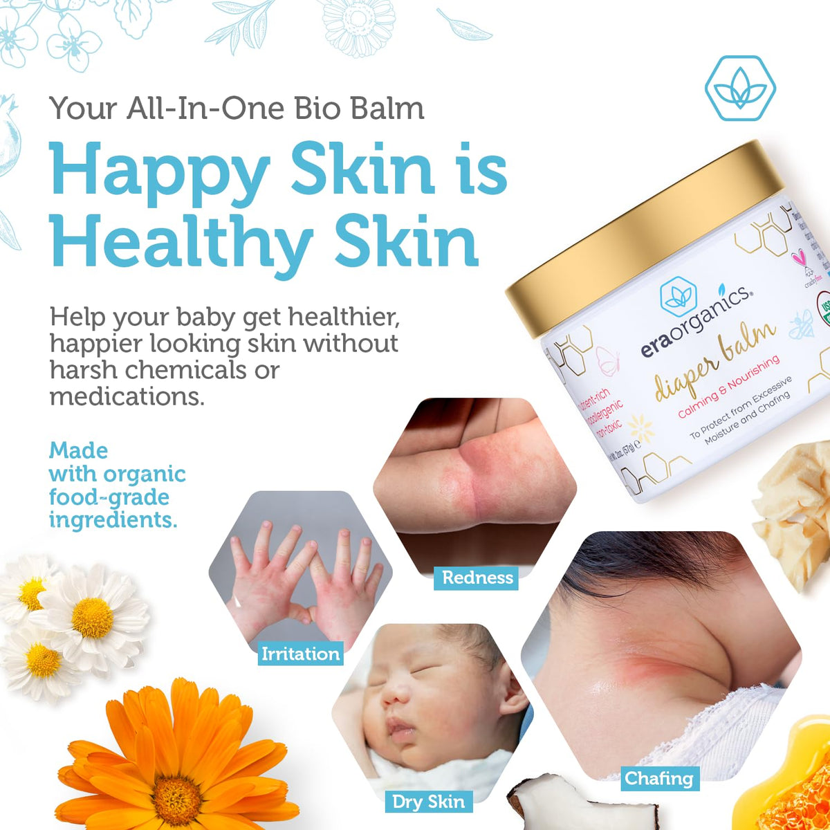 Era Organics Baby Diaper Balm - USDA Organic Ointment Cream Extra Soothing and Nourishing for Dry
