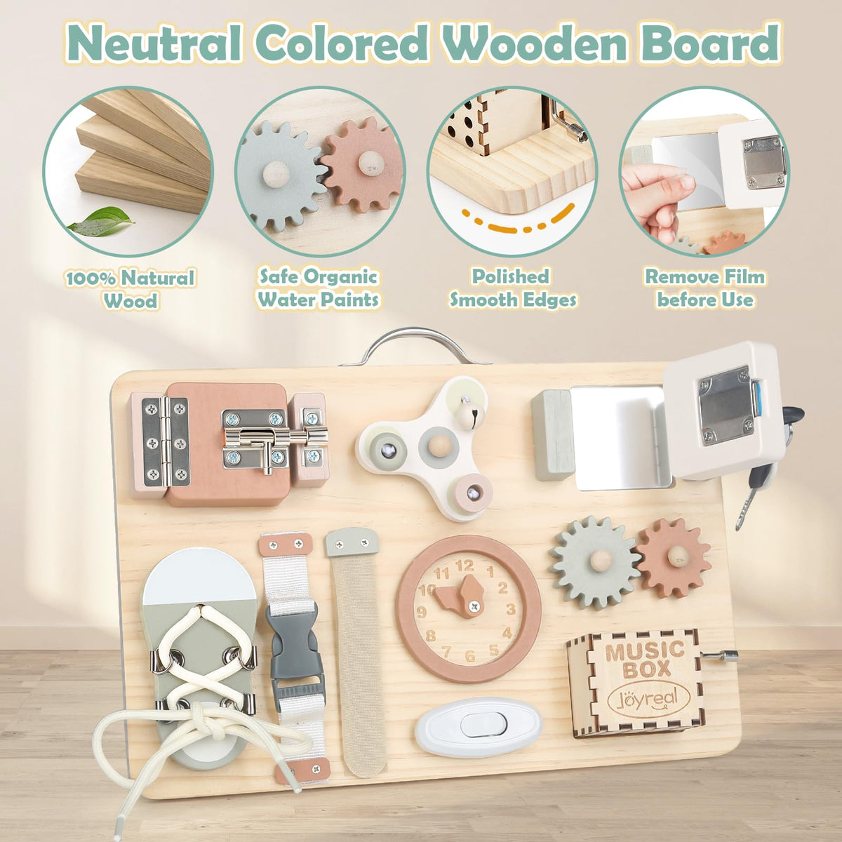 Joyreal Wooden Busy Board for Toddlers, Montessori Toys for 1 2 3 Year Old, Sensory Activity Board