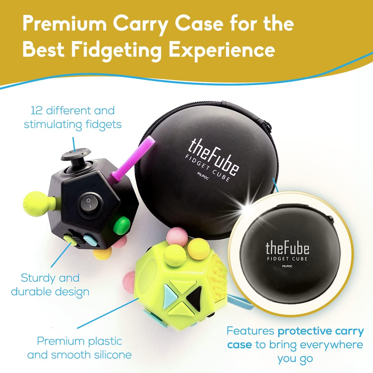 PILPOC theFube Fidget Cube with 12 Sides - Handy Anxiety Toys for Kids and Adults - Fidget Dice for
