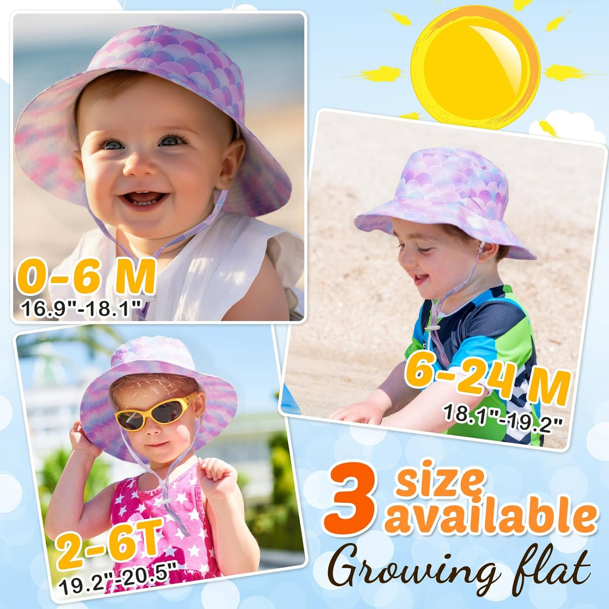 Baby Sun Hat Kids Summer UPF 50+ Toddler Bucket Hat Wide Brim Adjustable Beach Hats for Boys Girls