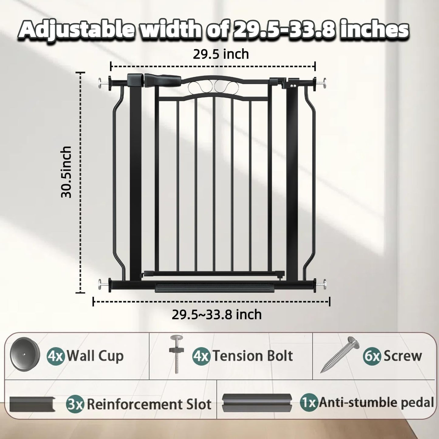 29.53"-33.85" Mornyray Auto-Close Baby Gate Extra Wide, Pressure Mounted Dog & Pet Gate for Stairs