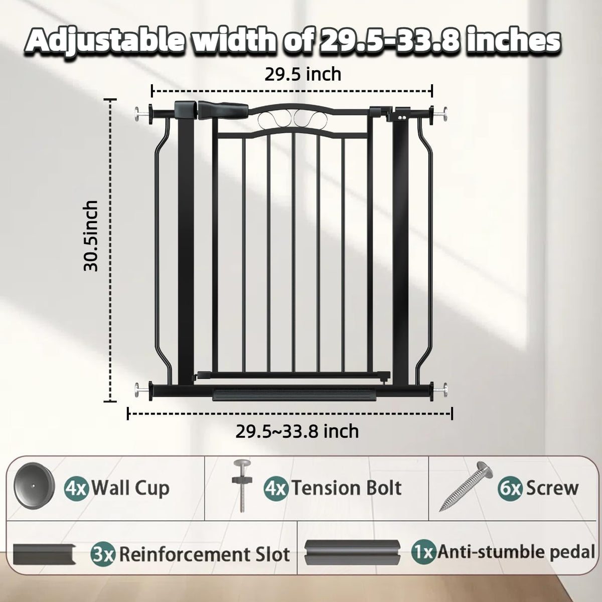 29.53"-33.85" Mornyray Auto-Close Baby Gate Extra Wide, Pressure Mounted Dog & Pet Gate for Stairs