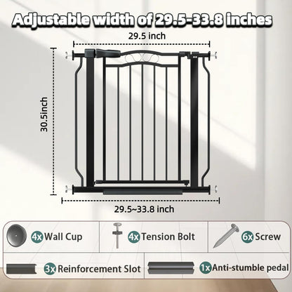 29.53"-33.85" Mornyray Auto-Close Baby Gate Extra Wide, Pressure Mounted Dog & Pet Gate for Stairs