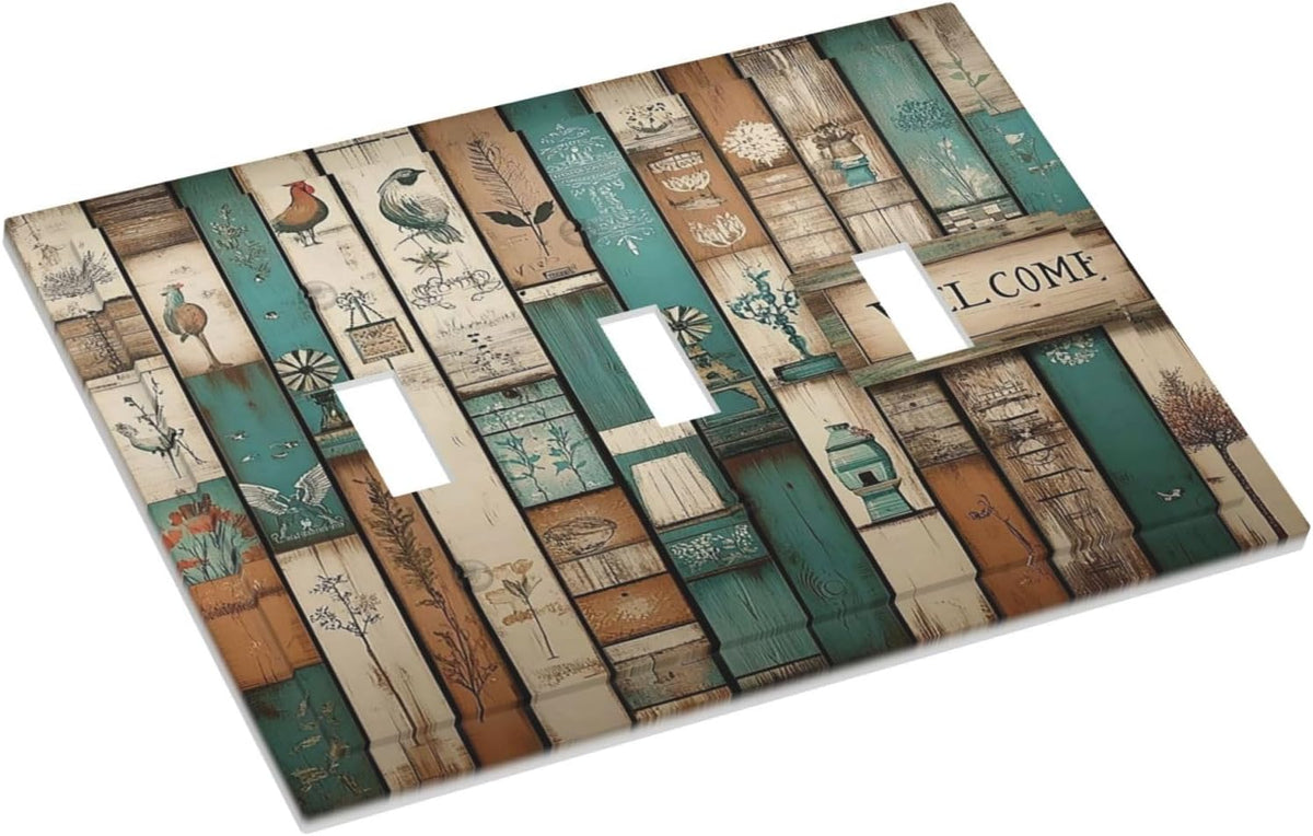 Decorative Switch Plates Vintage Wood Brown Turquoise Splicing 3 Gang Wall Plate Triple Toggle