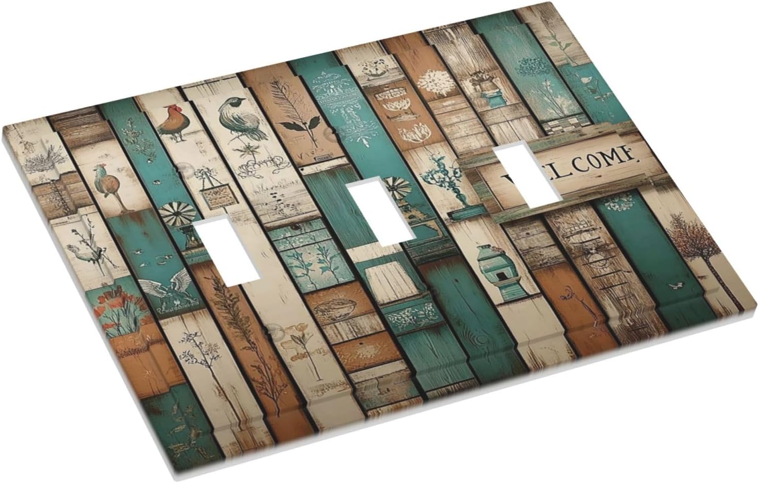 Decorative Switch Plates Vintage Wood Brown Turquoise Splicing 3 Gang Wall Plate Triple Toggle
