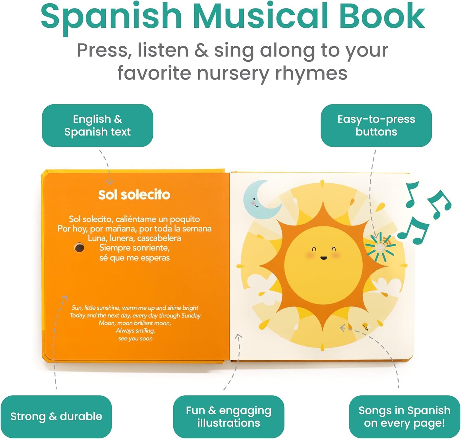 Binibi Spanish Musical Book for Toddlers Sol Solecito & Other Nursery Rhymes | Spanish Learning for