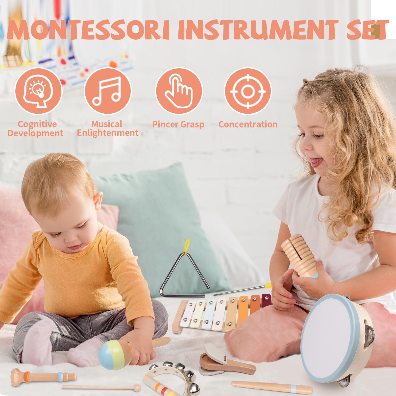 YHHYTOY Montessori Toys Wooden Baby Musical Instruments Set for Toddlers