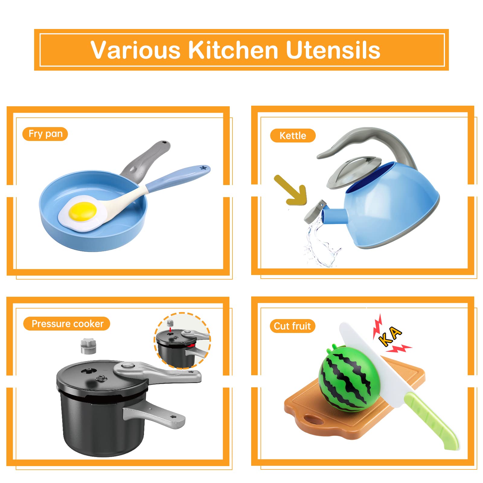 130Pcs Kitchen Playset, Toddler Pretend Cooking Play Pots, Pans, Utensils Cookware, Daily Food