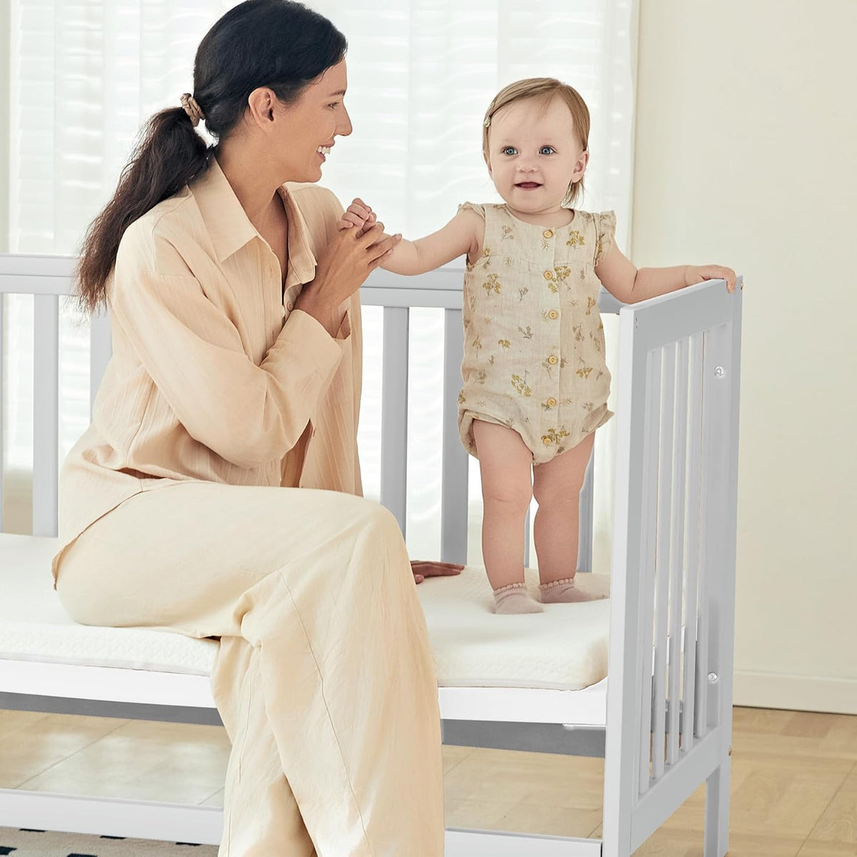 EvoNest Baby Crib, 11 in 1 Convertible Mini Crib with Wheels, 100% New Zealand Wood Growing Bed, 4