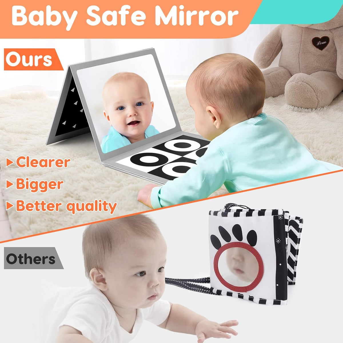 Black and White High Contrast Baby Books Flash Cards Tummy Time Mirror Toys Newborn Toys 0 6 Months