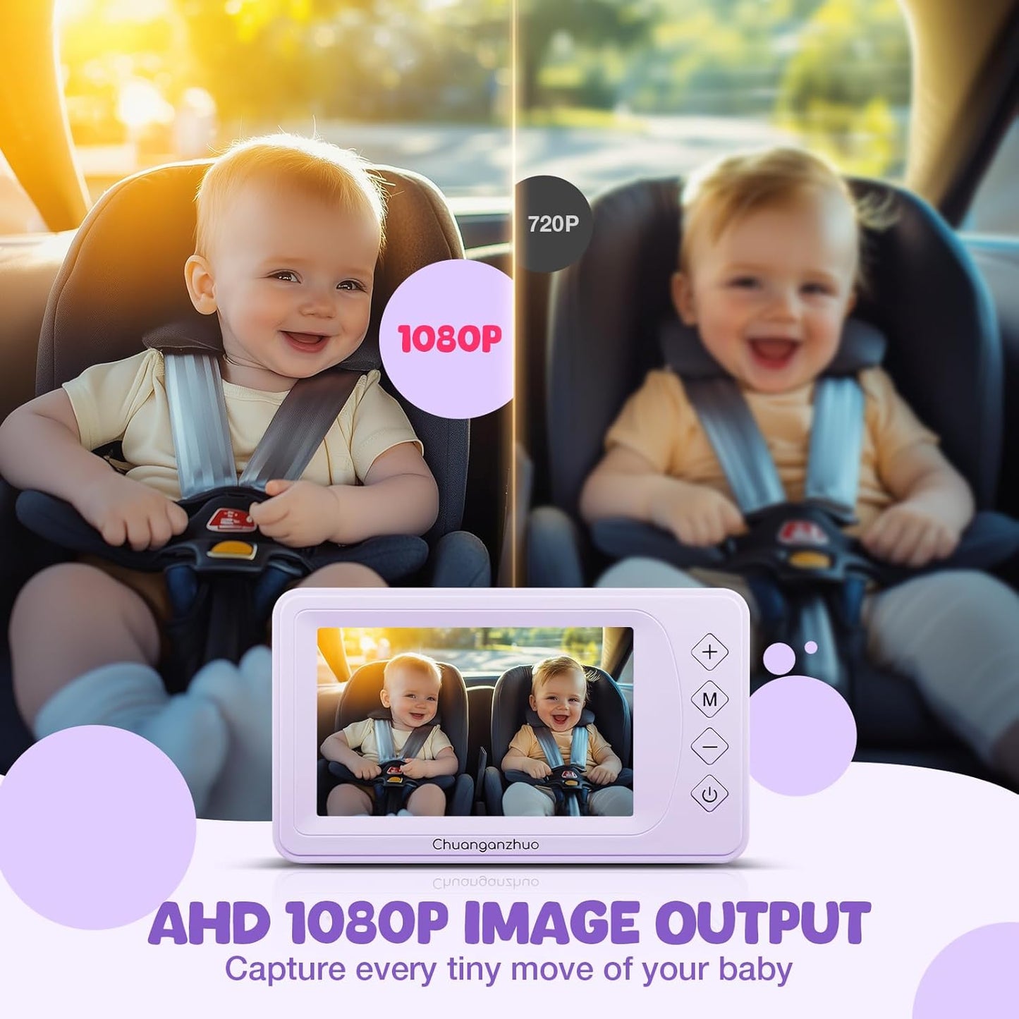 Baby Car Camera with Advanced Crystal-Clear Night Vision, 3X Zoom, USB Powered, 5'' AHD 1080P IPS