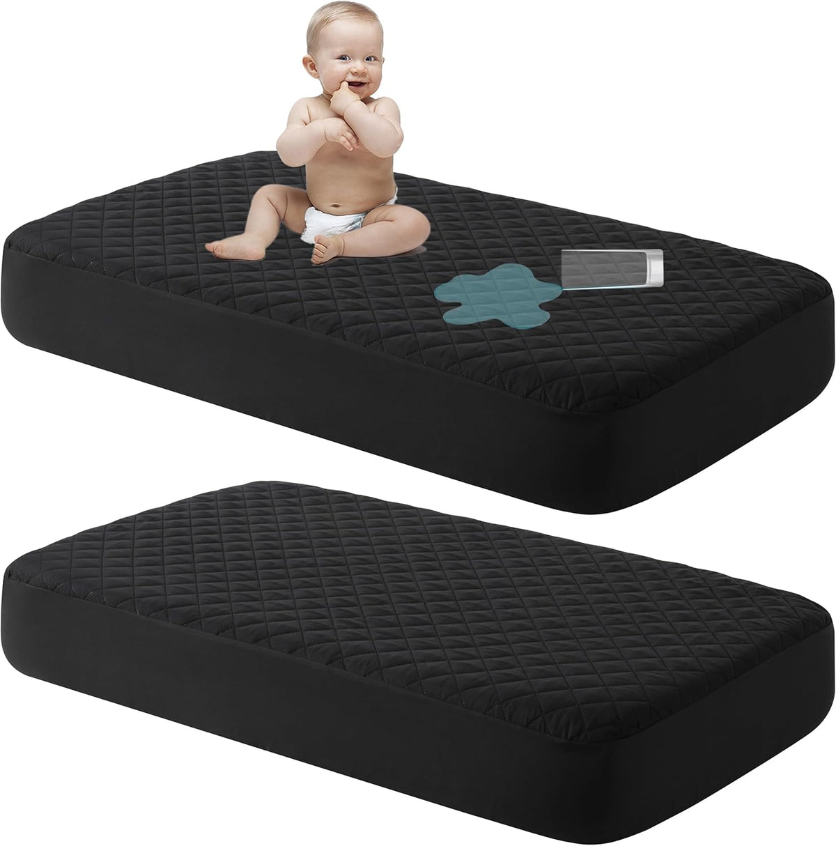 NTBAY 2 Pack Waterproof Mini Crib Mattress Protector, Quilted 24"x38" Fitted Mattress Cover