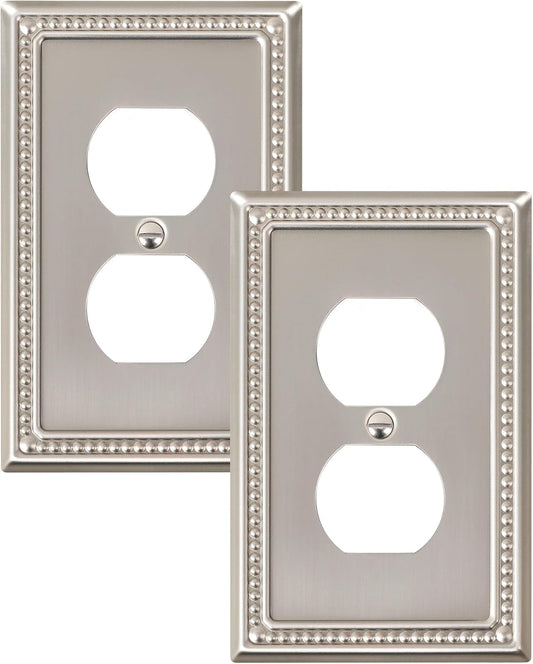 2-Pack Duplex Outlet Cover Plate, Metal Wall Plates for Electrical Outlets, Brushed Nickel 1 Gang