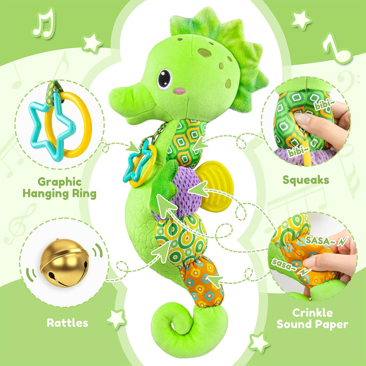 Baby Toys 0 to 12 Months, Musical Stuffed Animal Activity Soft Toys with Multi-Sensory Crinkle