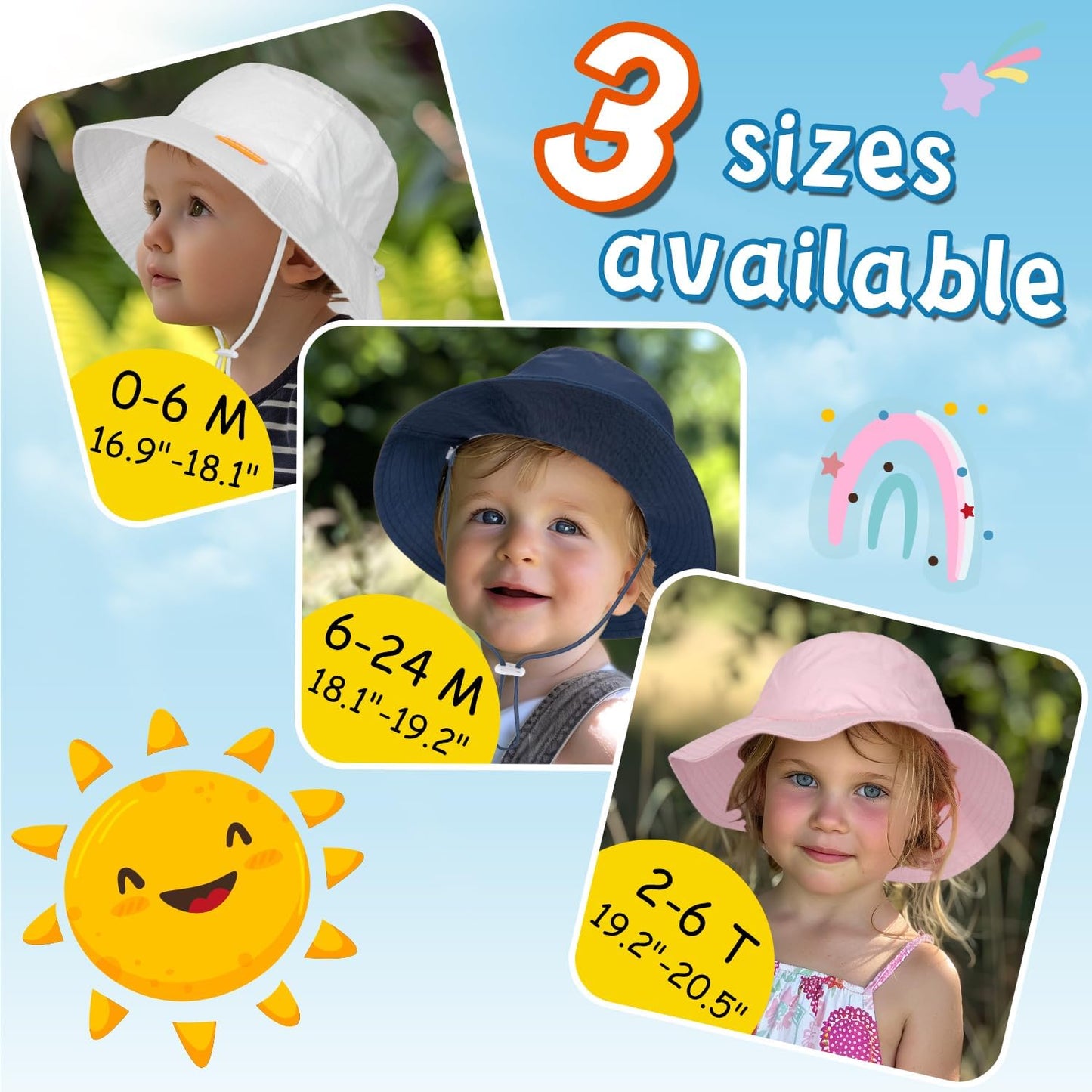 Baby Sun Hat Kids Summer UPF 50+ Toddler Bucket Hat Wide Brim Adjustable Beach Hats for Boys Girls