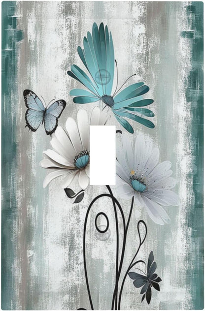 Decorative Light Switch Cover Rustic Teal Daisy Floral Flowers Butterfly Wood Grain 1 Gang Single