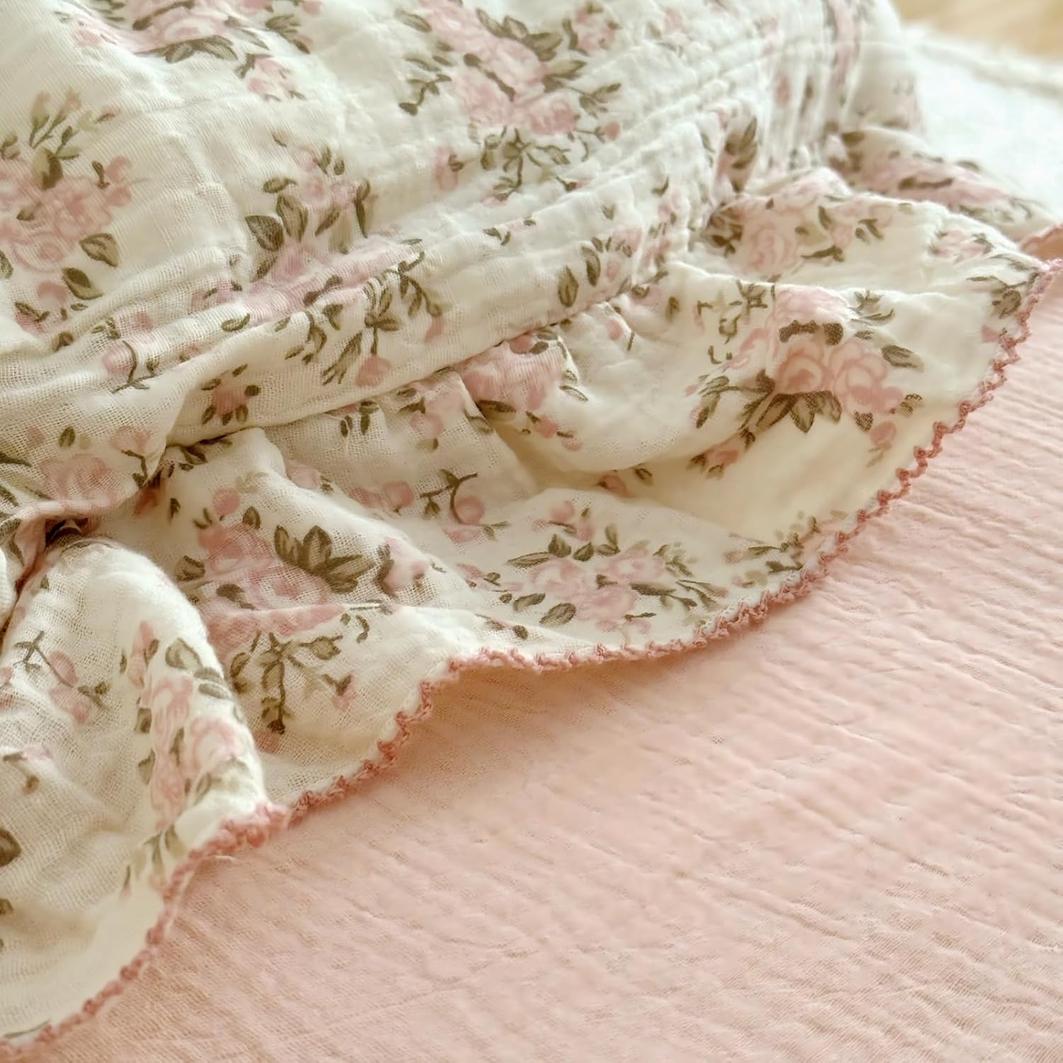 BuLuTu Muslin Cotton Toddler Pillowcases 14"x20", Shabby Chic Pink Floral Kids Pillow Cases Fit