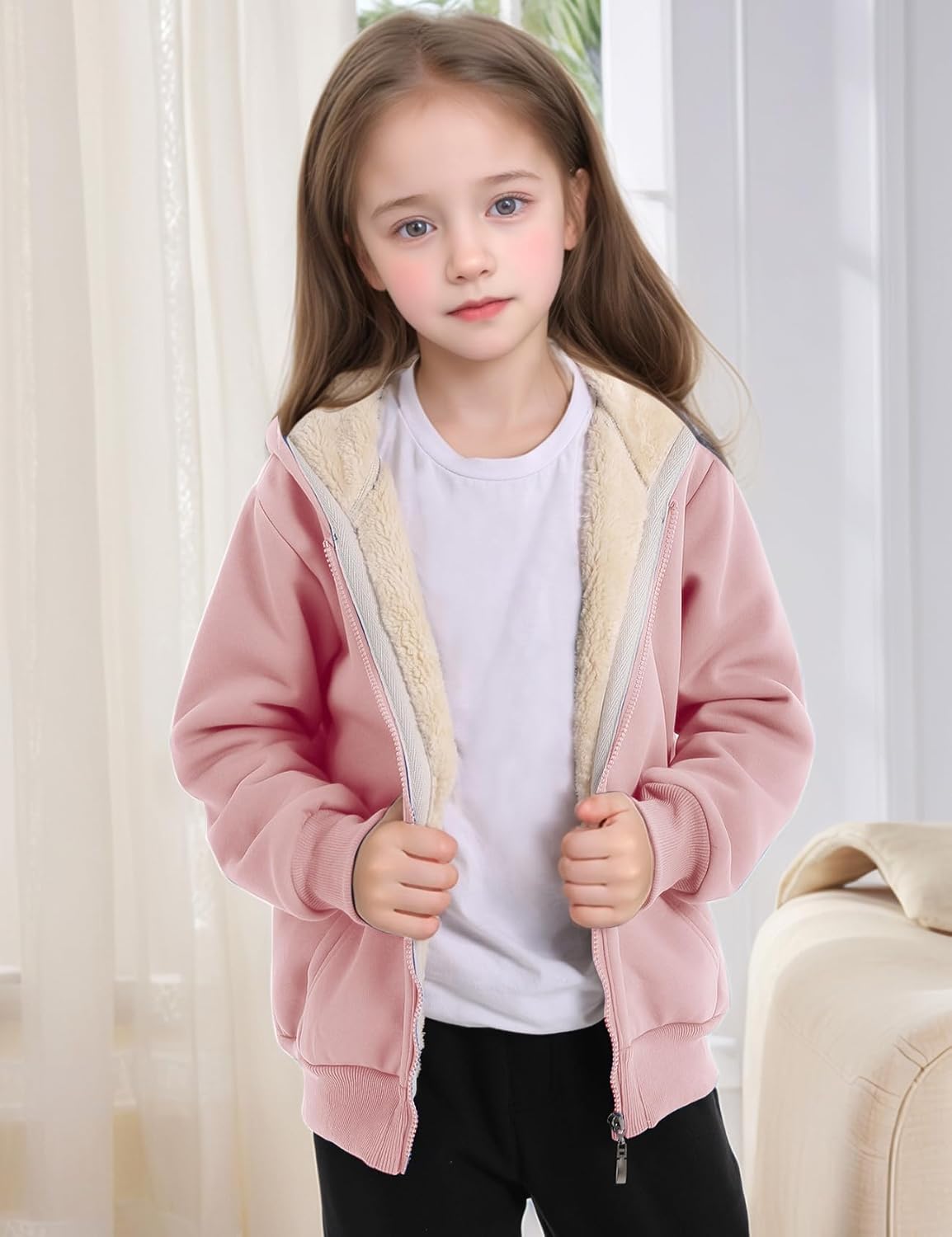 Gihuo Unisex Boy's Girls Winter Warm Sherpa Lined Zip Up Sweatshirt Fleece Jacket Kid's Hoodie