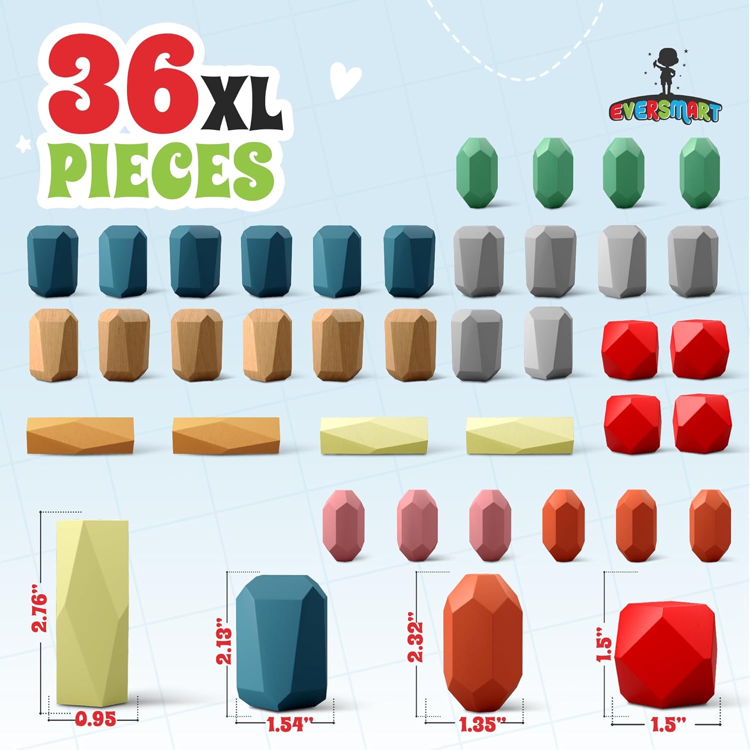 36 Pcs Wooden Stacking Blocks – Montessori Toys for 1 2 3 4 5 6 Year Old Toddlers and Kids, XL
