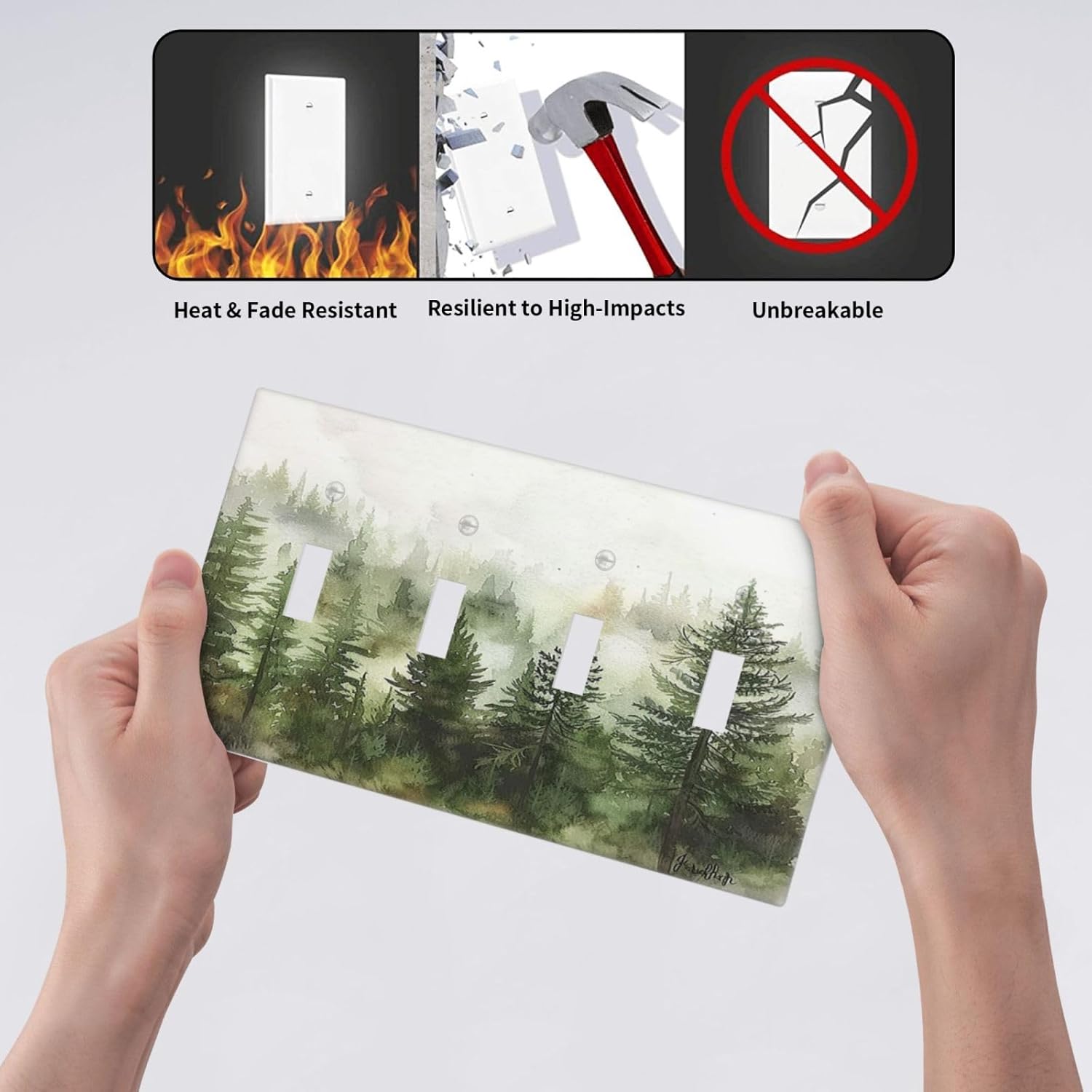Light Switch Covers Green Forest Watercolor Painting Foggy Pine Quad Toggle Electrical Faceplate 4