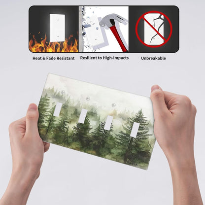 Light Switch Covers Green Forest Watercolor Painting Foggy Pine Quad Toggle Electrical Faceplate 4