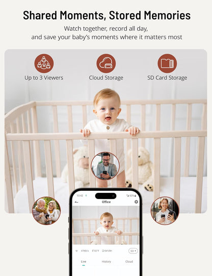 PARIS RHÔNE Video Baby Monitor, 2K UHD WiFi Camera, Night Vision, 5” Smart Baby Monitor with App