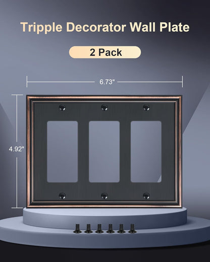 2-Pack Decorative Tripple Decorator Outlet Cover Plate, Durable Zinc Alloy Aged Bronze Wall Plates
