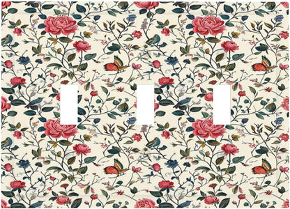 Decorative Switch Plates Vintage Flowers Rose Leaf Bird Butterfly 3 Gang Wall Plate Triple Toggle