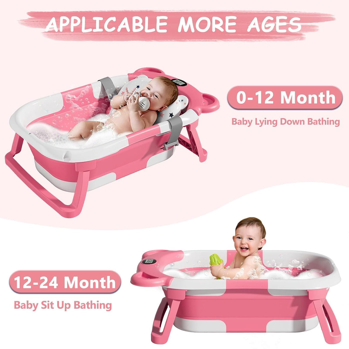 MoreFeel Collapsible Baby Bathtub for Newborn with Thermometer & 1 Hooded Towel & 1 Soft Floating