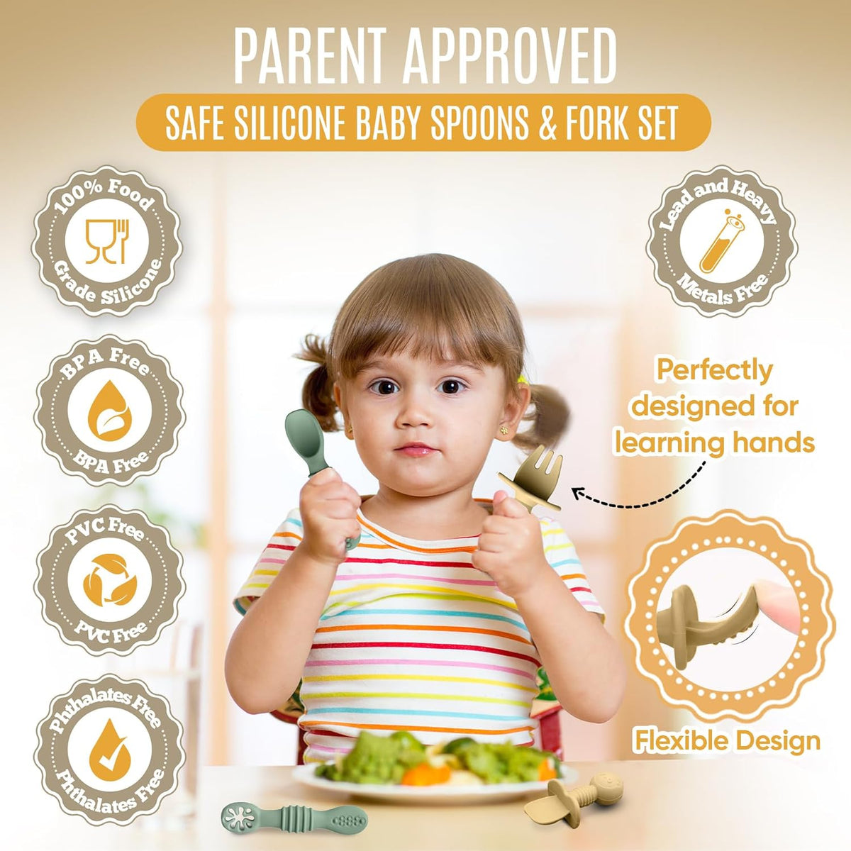 4pc Silicone Baby Spoons Self Feeding Baby Utensils 6-12 Months - 3 Baby Spoon - 1 Baby Fork