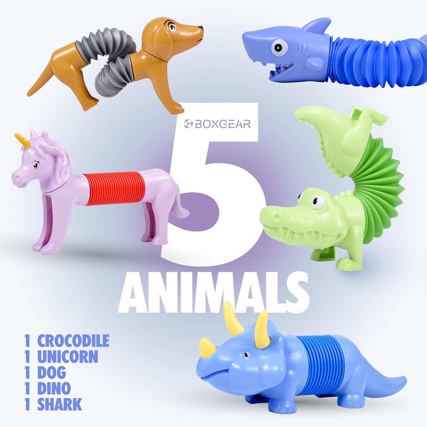 Boxgear 5-Pack Pop Tubes Mixed Animal Fidget Toys – Sensory Tubes for Toddlers – Cute Animal