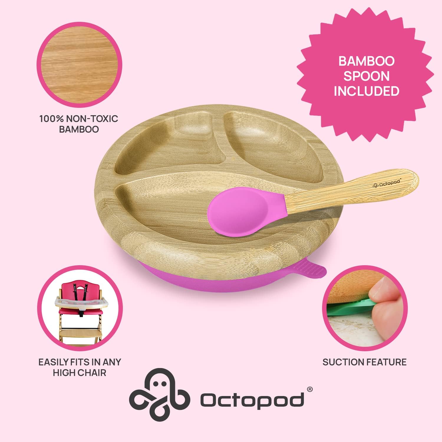 Abiie Octopod Bamboo Dish - Kids Plates for 4 months and up, 3-Compartment Baby Plates with