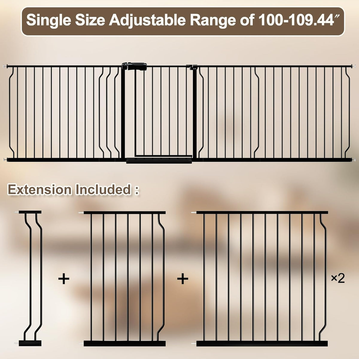 WAOWAO Baby Gate 100-109.42" Extra Wide Pressure Mounted Walk Through Swing Auto Close Safety Black