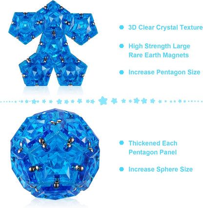RoomyRoc Magnetic Fidget Sphere - Pentagons Magnets Balls - 12 Piece Set - Crystal Blue - Magnet