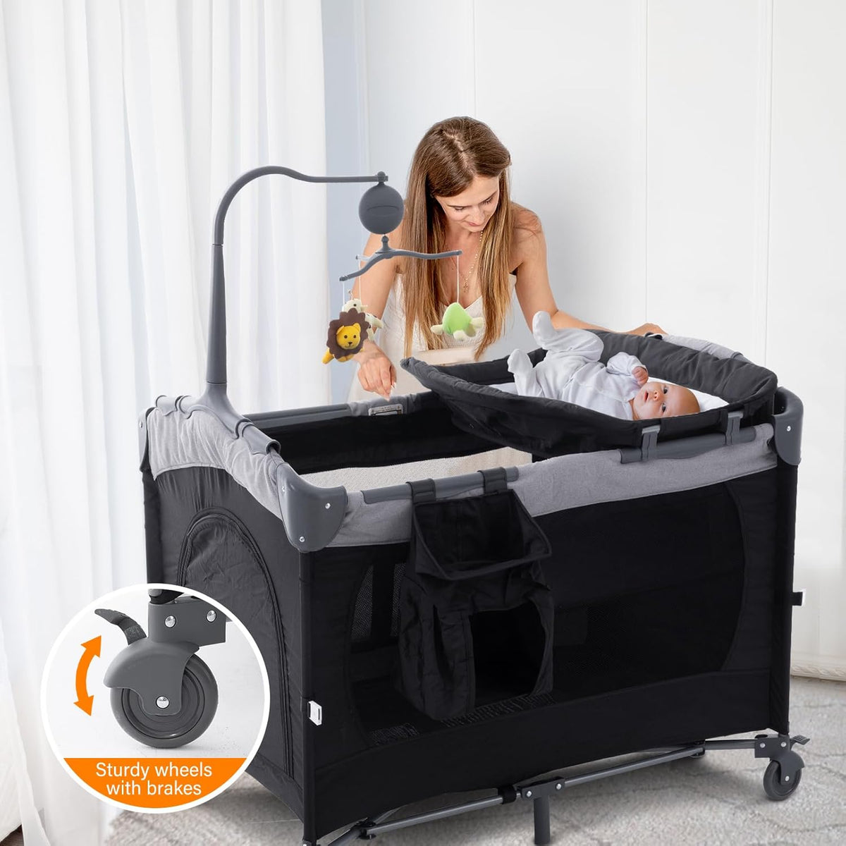 5 in 1 Baby Crib,Bedside Sleeper Bassinet,Pack and Play with Bassinet and Changing Table,Portable